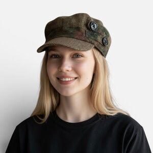 Scala Pronto Herringbone Military Style Newsboy Brown Hat